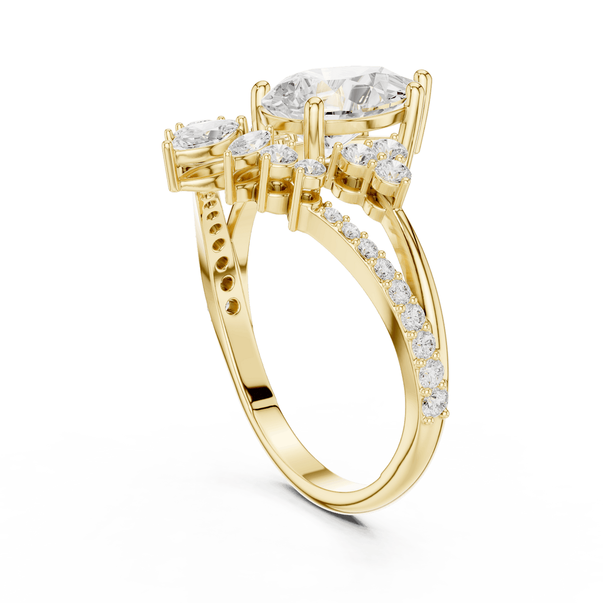 Three-stone diamond engagement ring featuring a brilliant round center stone, sparkling side stones, and a pavé-set band by Orova Jewels.
