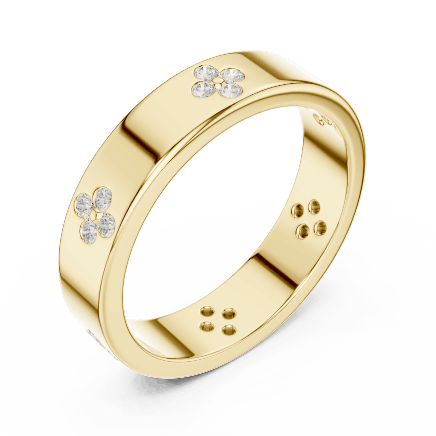 Floral Diamond Comfort Fit Wedding Band featuring delicate round diamond flower clusters on a wide polished band by Orova Jewels.