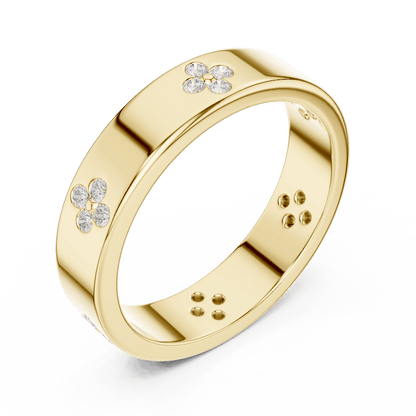 Floral Diamond Comfort Fit Wedding Band featuring delicate round diamond flower clusters on a wide polished band by Orova Jewels.