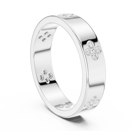 Floral Diamond Comfort Fit Wedding Band featuring delicate round diamond flower clusters on a wide polished band by Orova Jewels.