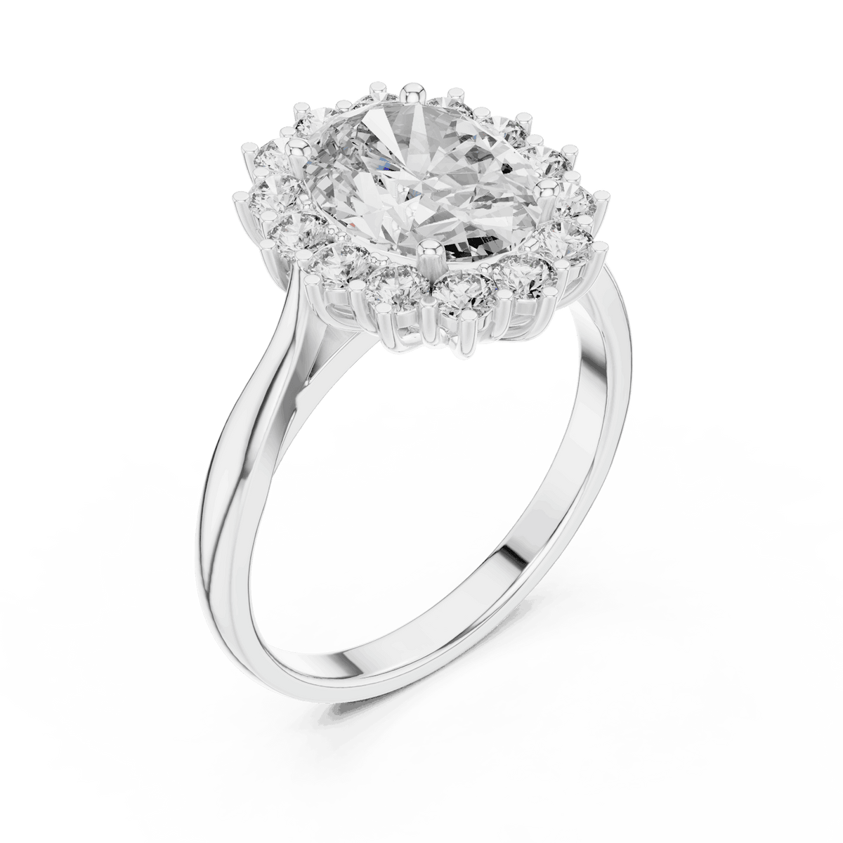 Floral halo solitaire diamond engagement ring featuring a brilliant round-cut center stone surrounded by a sparkling halo in an elegant cathedral-style setting by Orova Jewels.