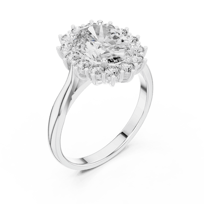 Floral halo solitaire diamond engagement ring featuring a brilliant round-cut center stone surrounded by a sparkling halo in an elegant cathedral-style setting by Orova Jewels.