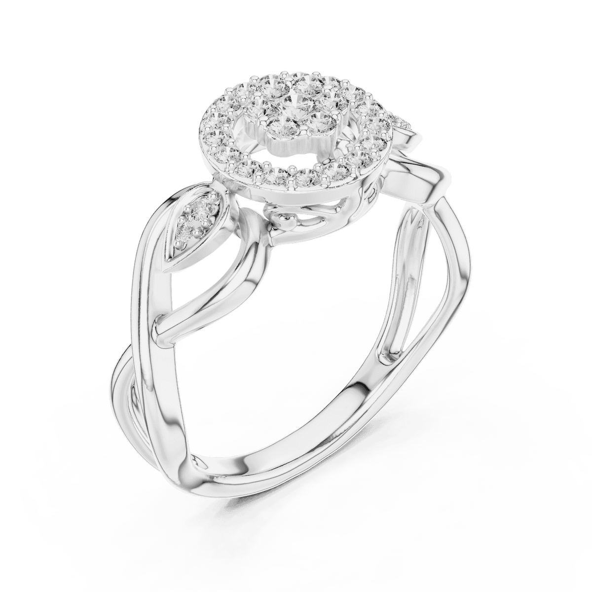 Floral halo diamond twist ring featuring a sparkling flower-inspired cluster center, halo setting, and elegant split-shank band by Orova Jewels.