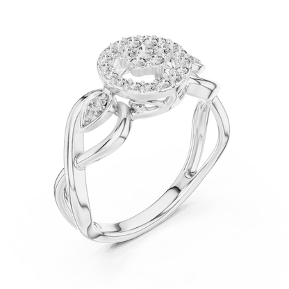 Floral halo diamond twist ring featuring a sparkling flower-inspired cluster center, halo setting, and elegant split-shank band by Orova Jewels.