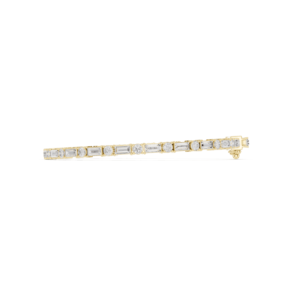 Baguette and round diamond tennis bracelet featuring alternating brilliant-cut stones with a secure box clasp by Orova Jewels.