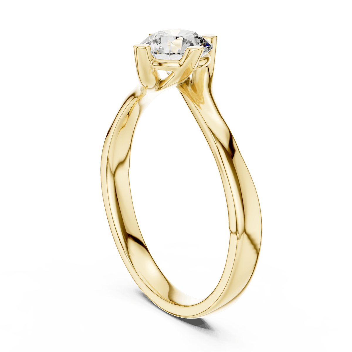 Twisted solitaire diamond engagement ring featuring a round-cut center stone in a four-prong setting with a sleek sculpted twisted band by Orova Jewels.