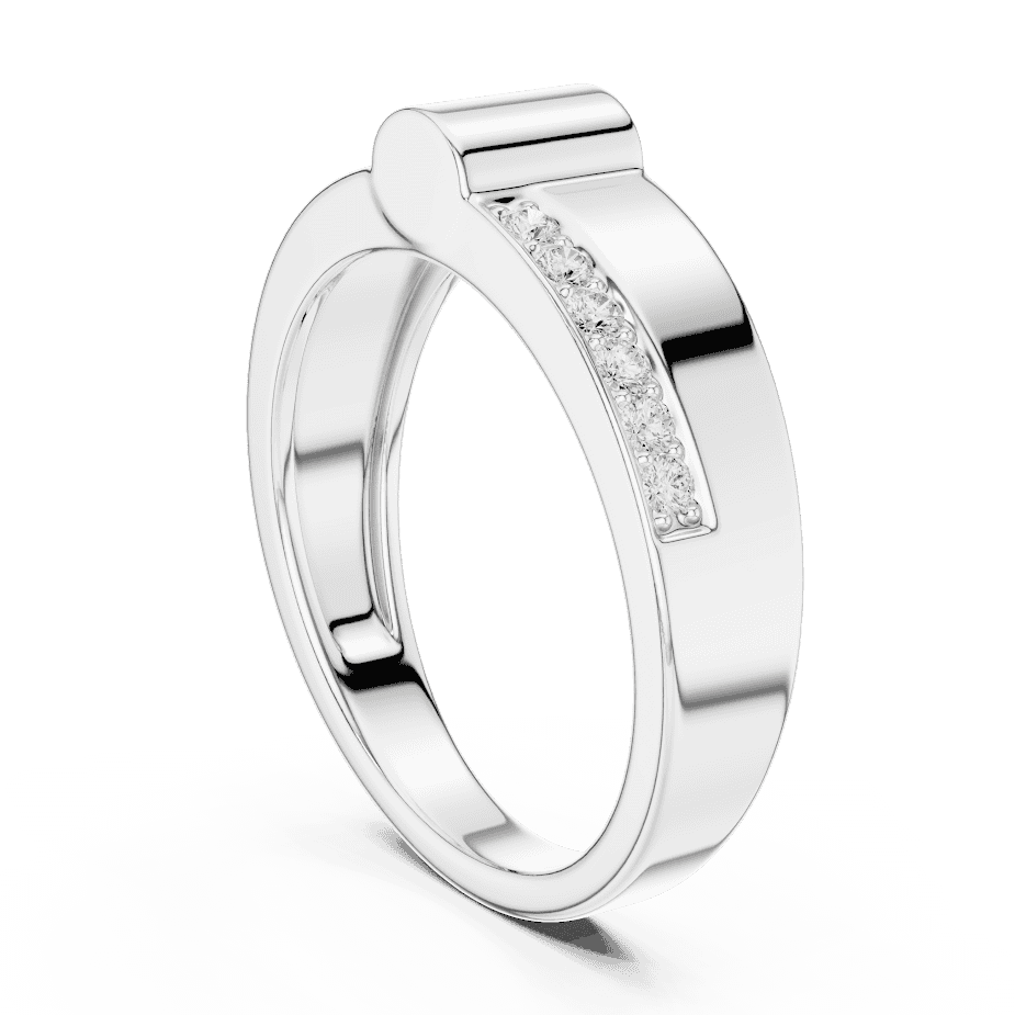 Modern channel-set diamond band ring with a sleek polished finish and sparkling accent stones by Orova Jewels.