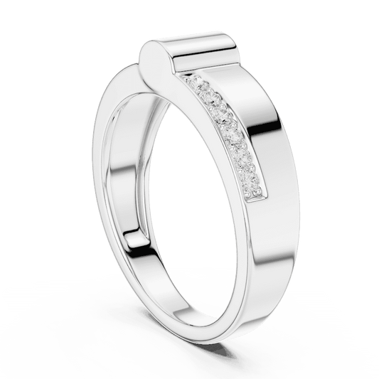 Modern channel-set diamond band ring with a sleek polished finish and sparkling accent stones by Orova Jewels.