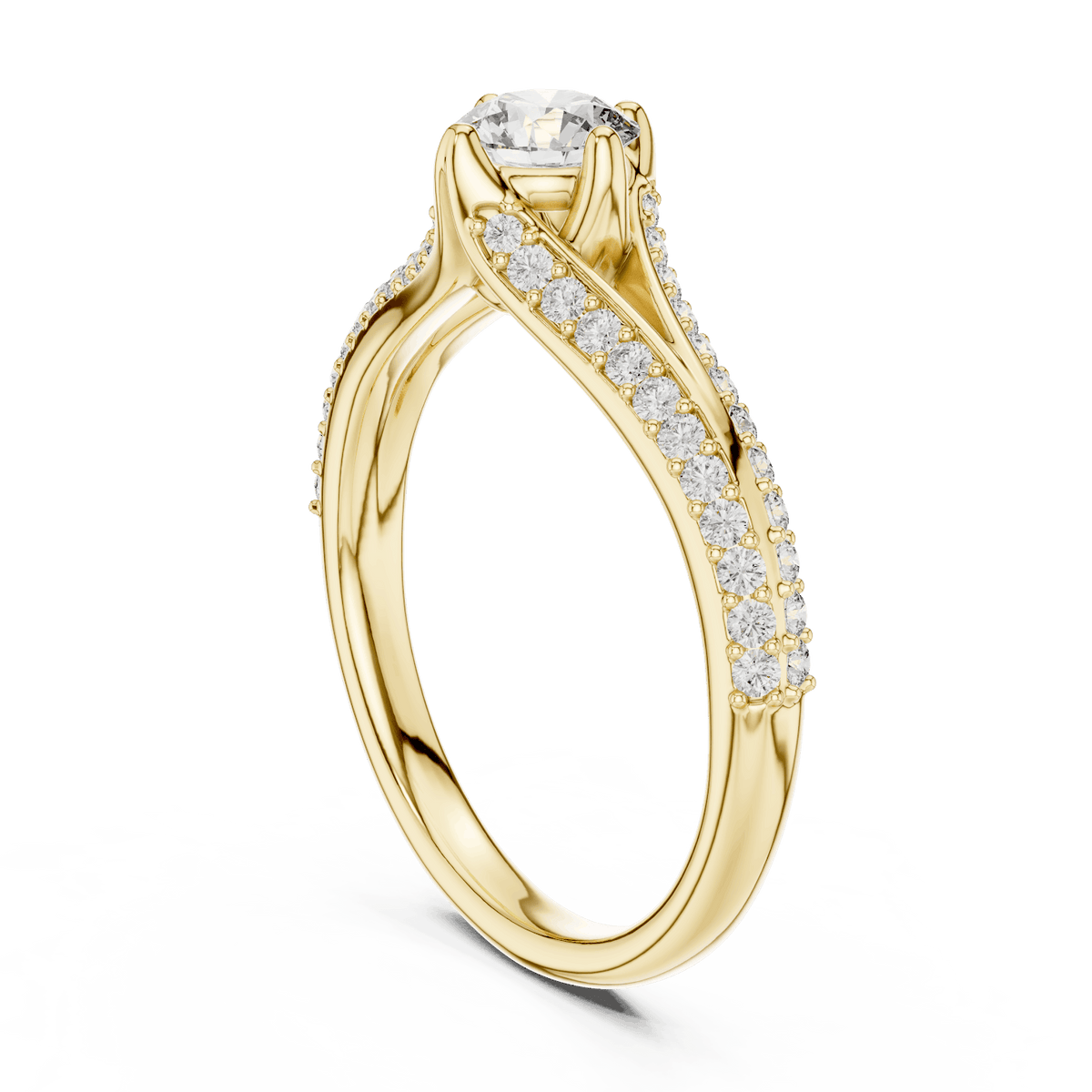 Twisted pavé solitaire diamond ring featuring a round-cut center stone, elegant crossover band, and sparkling pavé-set diamonds by Orova Jewels.