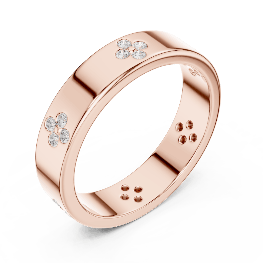Floral Diamond Comfort Fit Wedding Band featuring delicate round diamond flower clusters on a wide polished band by Orova Jewels.