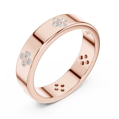 Floral Diamond Comfort Fit Wedding Band featuring delicate round diamond flower clusters on a wide polished band by Orova Jewels.
