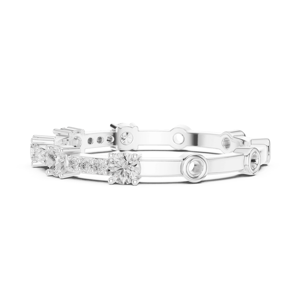 Shared Prong Diamond Eternity Band featuring brilliant round diamonds in a polished half eternity shared-prong setting by Orova Jewels.