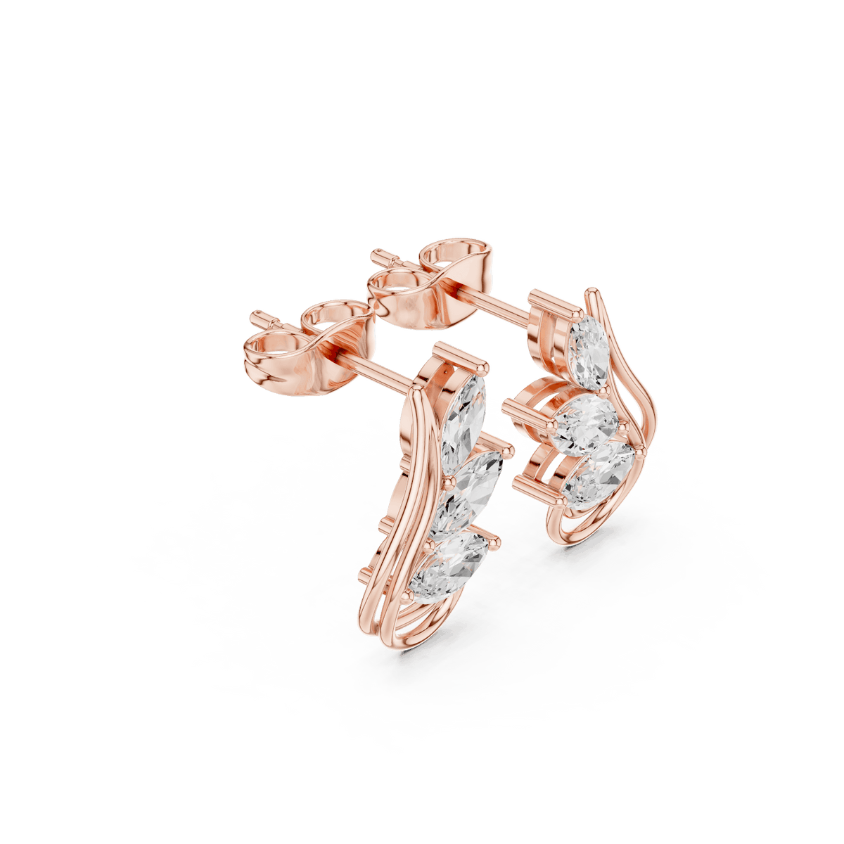Marquise diamond leaf stud earrings featuring a nature-inspired design with sparkling marquise and round stones and secure push-back closures by Orova Jewels.