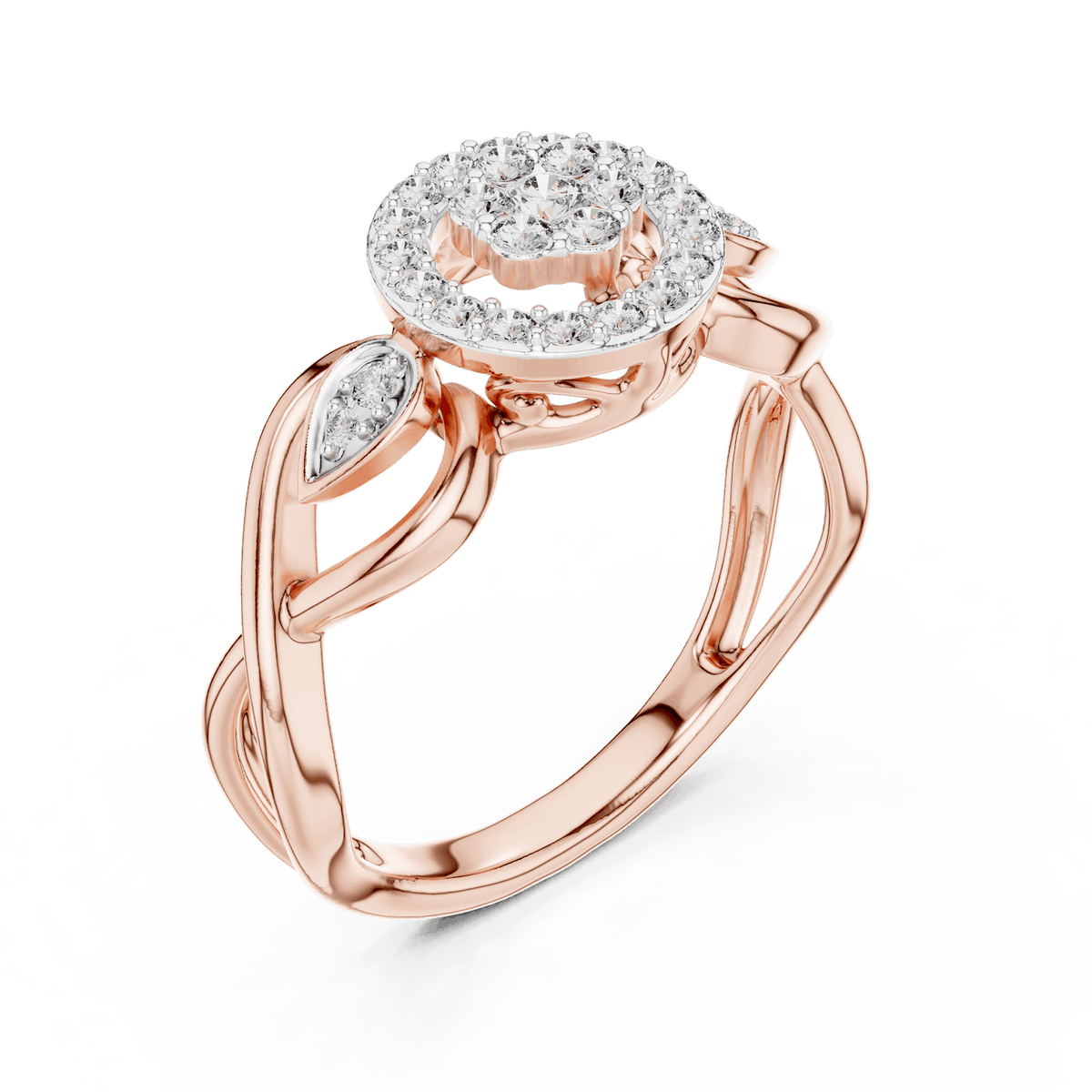 Floral halo diamond twist ring featuring a sparkling flower-inspired cluster center, halo setting, and elegant split-shank band by Orova Jewels.