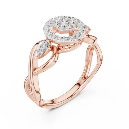 Floral halo diamond twist ring featuring a sparkling flower-inspired cluster center, halo setting, and elegant split-shank band by Orova Jewels.