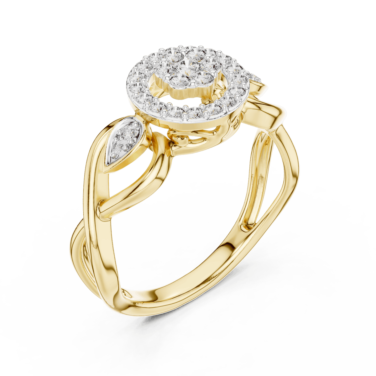 Floral halo diamond twist ring featuring a sparkling flower-inspired cluster center, halo setting, and elegant split-shank band by Orova Jewels.