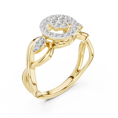Floral halo diamond twist ring featuring a sparkling flower-inspired cluster center, halo setting, and elegant split-shank band by Orova Jewels.