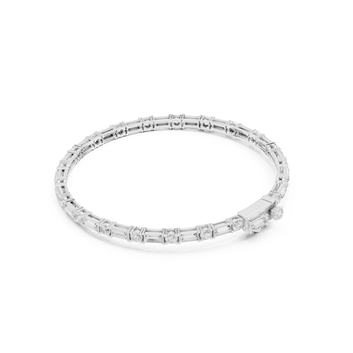 Baguette and round diamond tennis bracelet featuring alternating brilliant-cut stones with a secure box clasp by Orova Jewels.