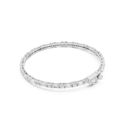Baguette and round diamond tennis bracelet featuring alternating brilliant-cut stones with a secure box clasp by Orova Jewels.