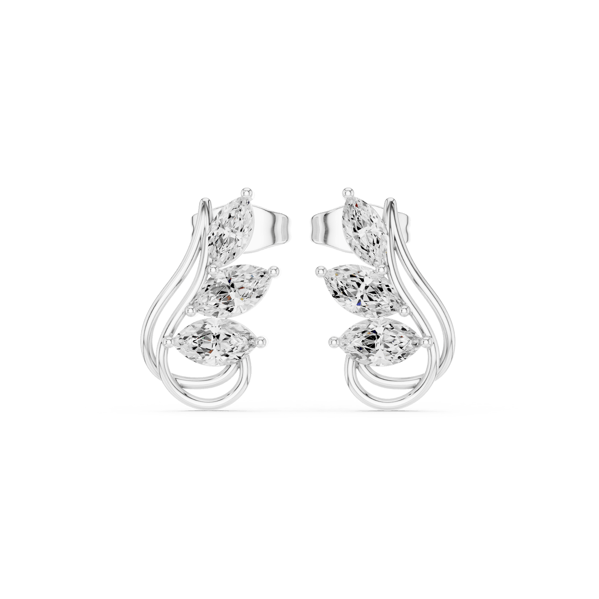 Marquise diamond leaf stud earrings featuring a nature-inspired design with sparkling marquise and round stones and secure push-back closures by Orova Jewels.