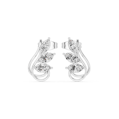 Marquise diamond leaf stud earrings featuring a nature-inspired design with sparkling marquise and round stones and secure push-back closures by Orova Jewels.