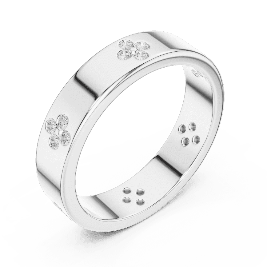 Floral Diamond Comfort Fit Wedding Band featuring delicate round diamond flower clusters on a wide polished band by Orova Jewels.