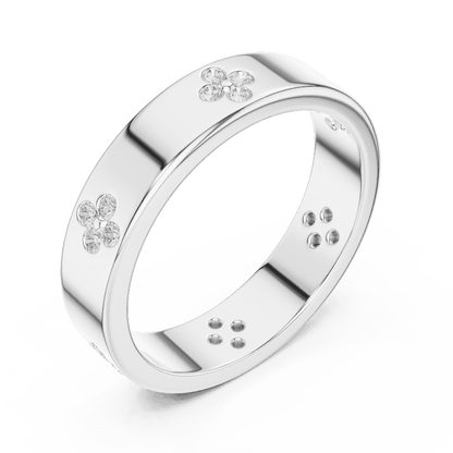 Floral Diamond Comfort Fit Wedding Band featuring delicate round diamond flower clusters on a wide polished band by Orova Jewels.