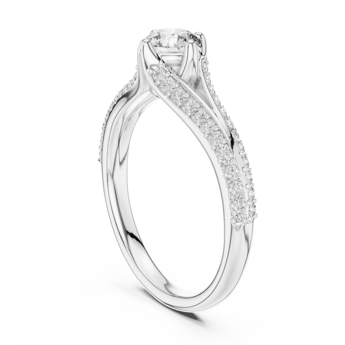Twisted pavé solitaire diamond ring featuring a round-cut center stone, elegant crossover band, and sparkling pavé-set diamonds by Orova Jewels.