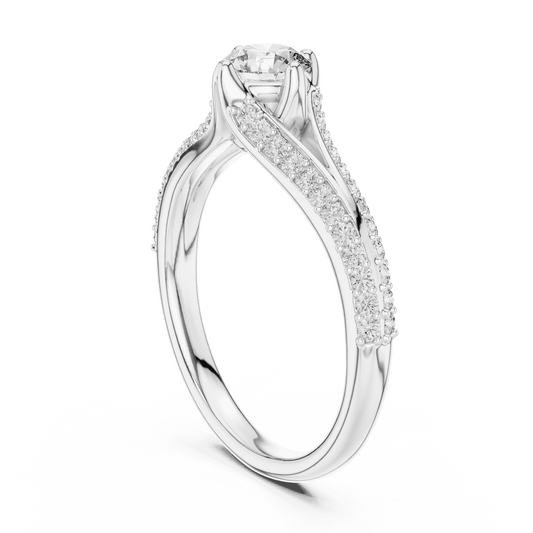Twisted pavé solitaire diamond ring featuring a round-cut center stone, elegant crossover band, and sparkling pavé-set diamonds by Orova Jewels.