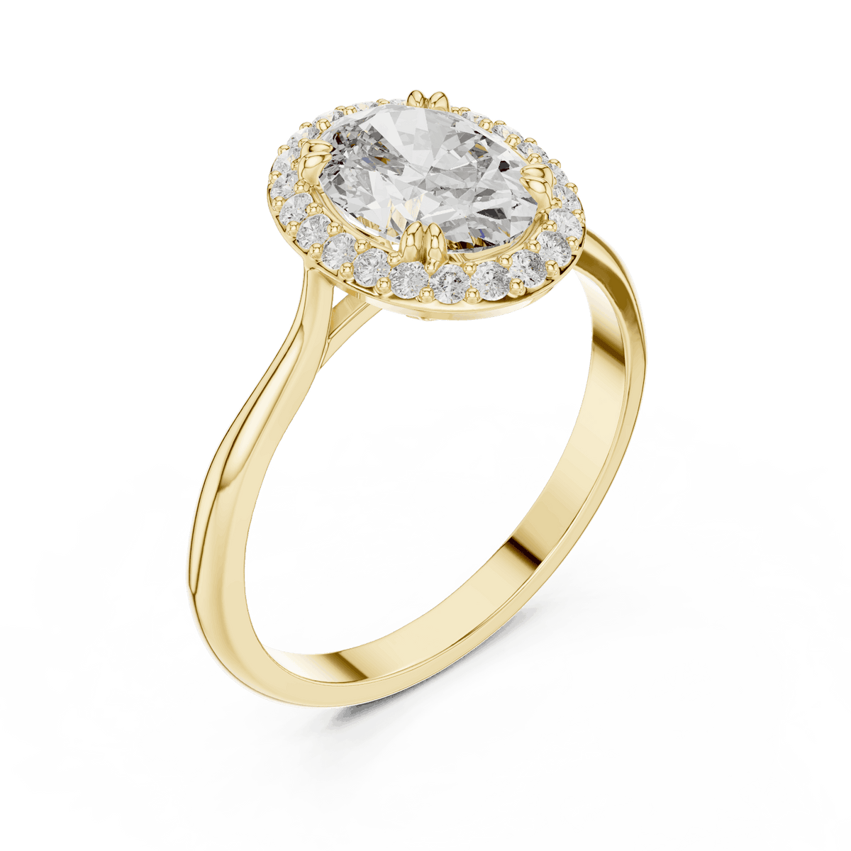 Classic halo diamond engagement ring featuring a brilliant round-cut center stone surrounded by a sparkling halo in a sleek cathedral-style setting by Orova Jewels.