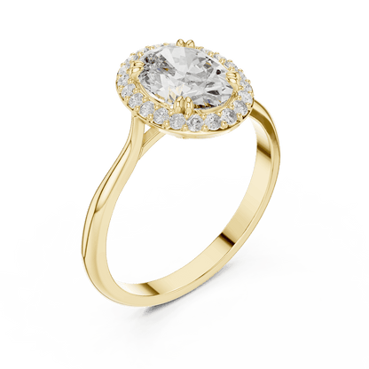 Classic halo diamond engagement ring featuring a brilliant round-cut center stone surrounded by a sparkling halo in a sleek cathedral-style setting by Orova Jewels.