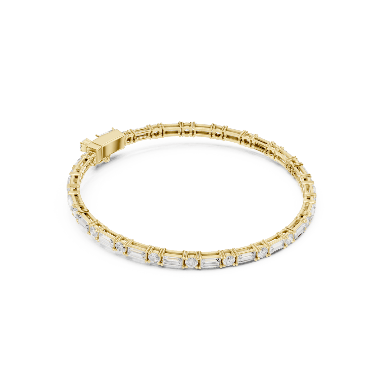 Baguette and round diamond tennis bracelet featuring alternating brilliant-cut stones with a secure box clasp by Orova Jewels.