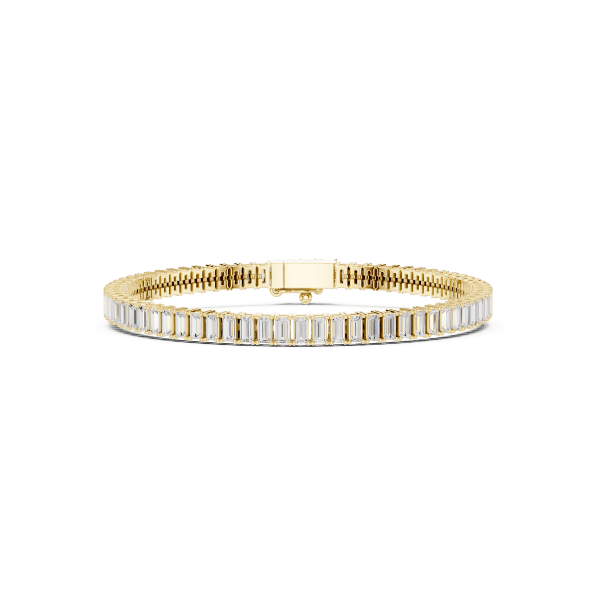 Emerald-cut diamond tennis bracelet featuring a continuous row of sparkling rectangular stones with a secure box clasp by Orova Jewels.