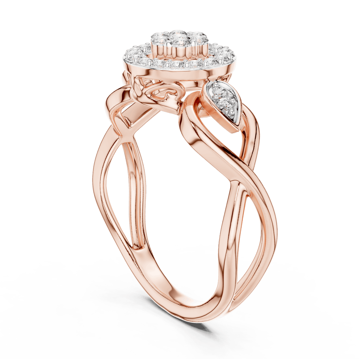 Floral halo diamond twist ring featuring a sparkling flower-inspired cluster center, halo setting, and elegant split-shank band by Orova Jewels.
