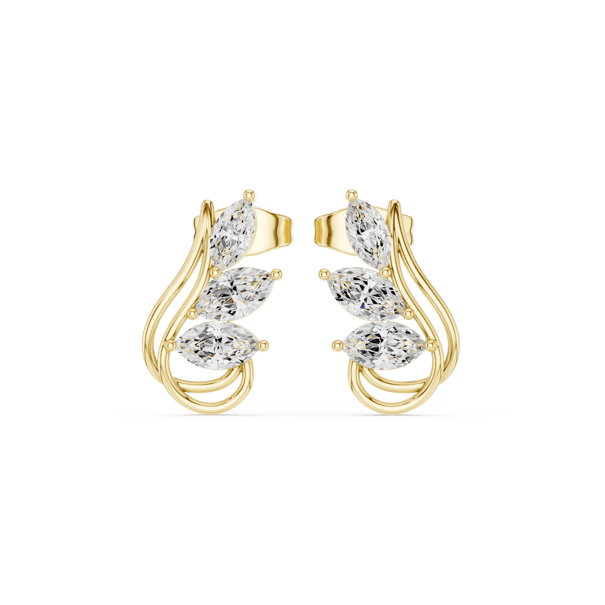 Marquise diamond leaf stud earrings featuring a nature-inspired design with sparkling marquise and round stones and secure push-back closures by Orova Jewels.