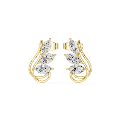 Marquise diamond leaf stud earrings featuring a nature-inspired design with sparkling marquise and round stones and secure push-back closures by Orova Jewels.