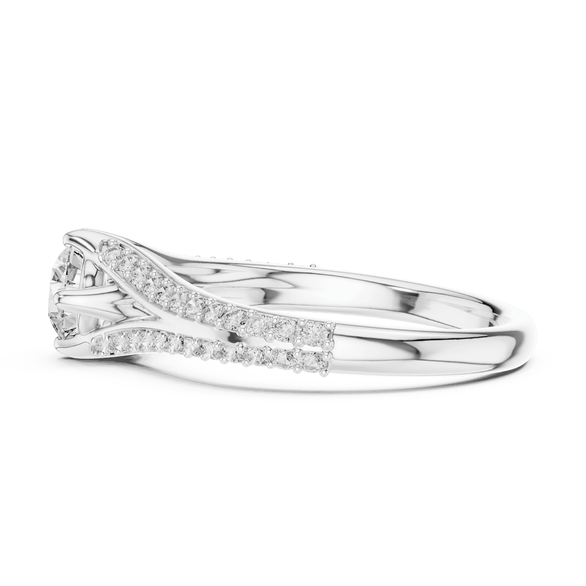 Twisted pavé solitaire diamond ring featuring a round-cut center stone, elegant crossover band, and sparkling pavé-set diamonds by Orova Jewels.