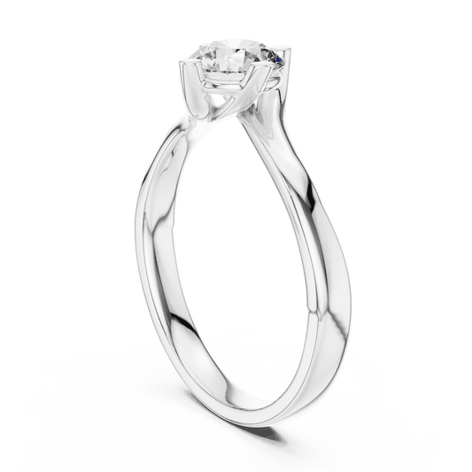 Twisted solitaire diamond engagement ring featuring a round-cut center stone in a four-prong setting with a sleek sculpted twisted band by Orova Jewels.
