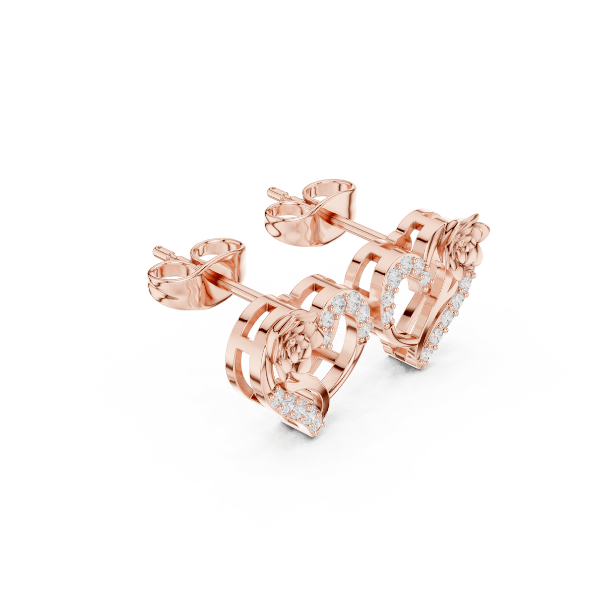 Heart diamond stud earrings featuring an elegant open-heart design with sparkling stone accents and secure push-back closures by Orova Jewels.