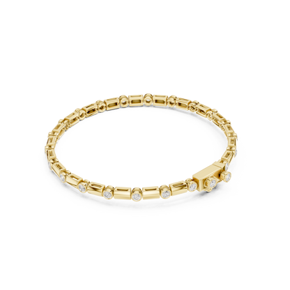 Bezel and baguette diamond tennis bracelet featuring alternating round bezel-set stones and polished baguette links by Orova Jewels.