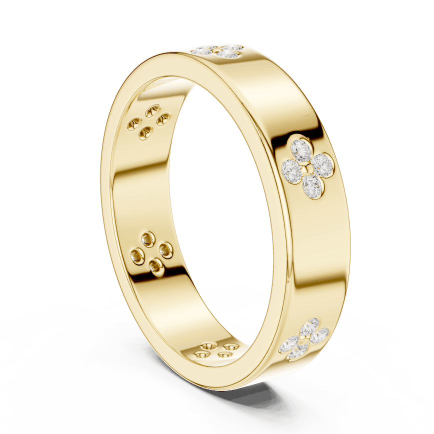 Floral Diamond Comfort Fit Wedding Band featuring delicate round diamond flower clusters on a wide polished band by Orova Jewels.