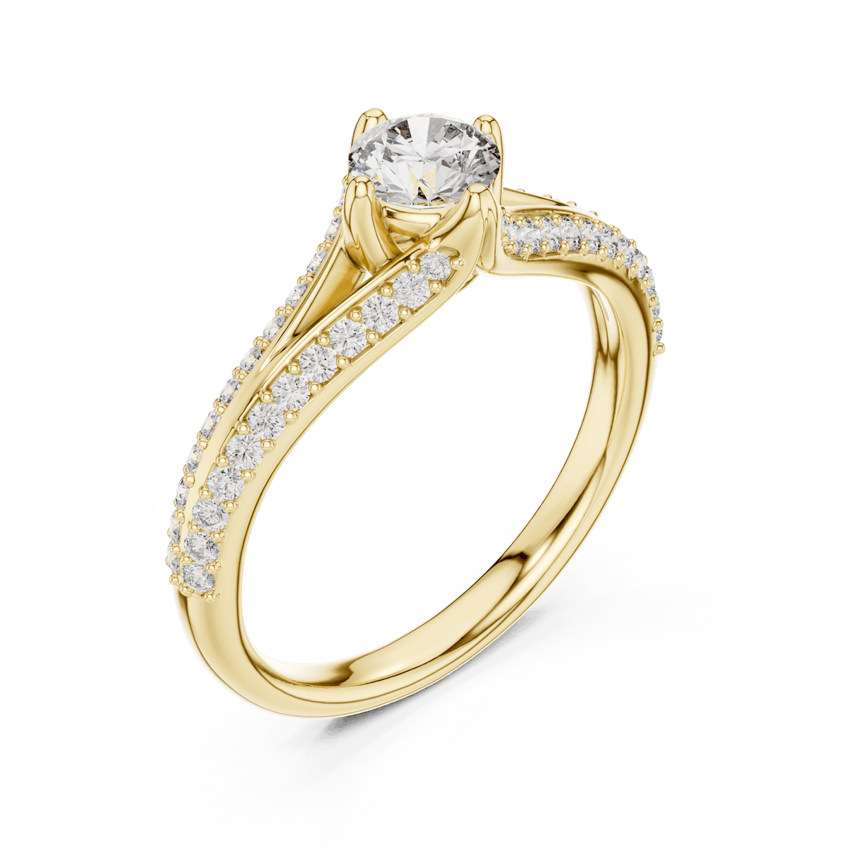 Twisted pavé solitaire diamond ring featuring a round-cut center stone, elegant crossover band, and sparkling pavé-set diamonds by Orova Jewels.