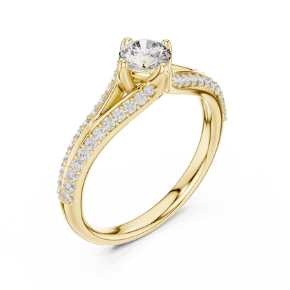 Twisted pavé solitaire diamond ring featuring a round-cut center stone, elegant crossover band, and sparkling pavé-set diamonds by Orova Jewels.