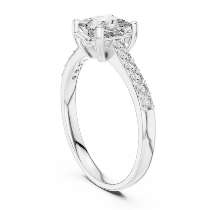 Classic pavé solitaire diamond engagement ring featuring a round-cut center stone in a four-prong setting with a sparkling pavé diamond band by Orova Jewels.