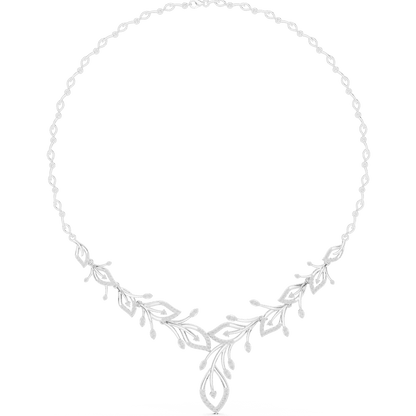 Nature-inspired yellow gold leaf necklace with an elegant vine design and sparkling stone accents by Orova Jewels.