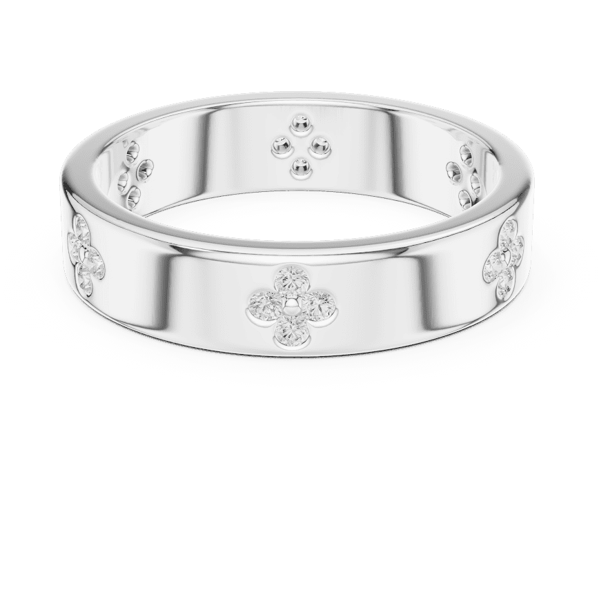 Floral Diamond Comfort Fit Wedding Band featuring delicate round diamond flower clusters on a wide polished band by Orova Jewels.
