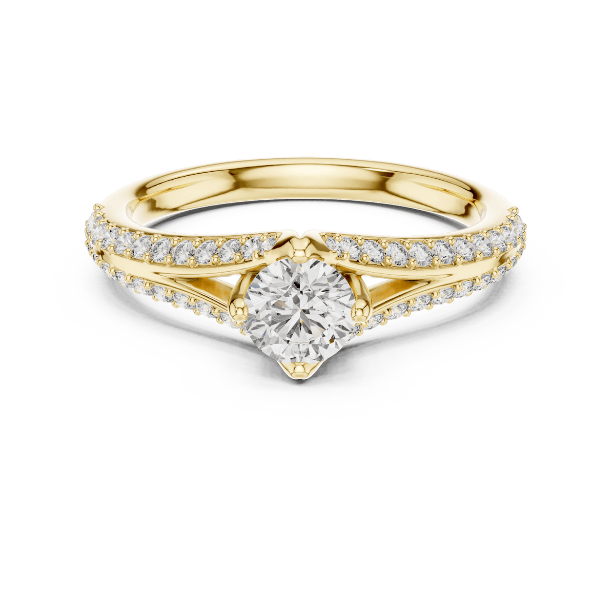 Twisted pavé solitaire diamond ring featuring a round-cut center stone, elegant crossover band, and sparkling pavé-set diamonds by Orova Jewels.