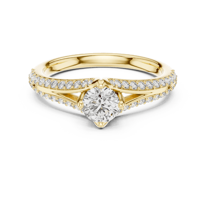 Twisted pavé solitaire diamond ring featuring a round-cut center stone, elegant crossover band, and sparkling pavé-set diamonds by Orova Jewels.