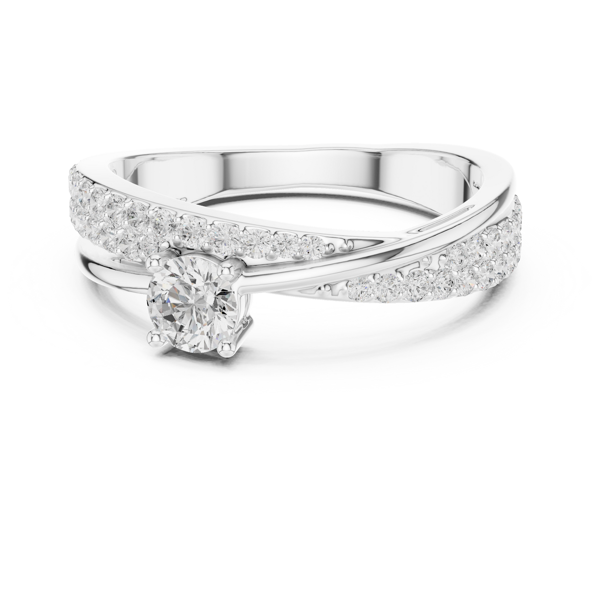 Pavé Diamond Solitaire Engagement Ring featuring a brilliant solitaire setting with a sparkling pavé diamond band and polished finish by Orova Jewels.