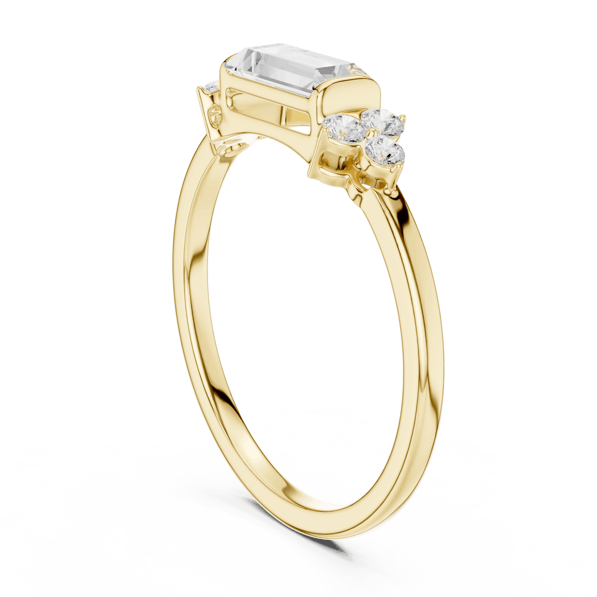 Emerald Cut Diamond Three-Stone Engagement Ring featuring an emerald-cut center stone with round diamond side accents on a polished band by Orova Jewels.